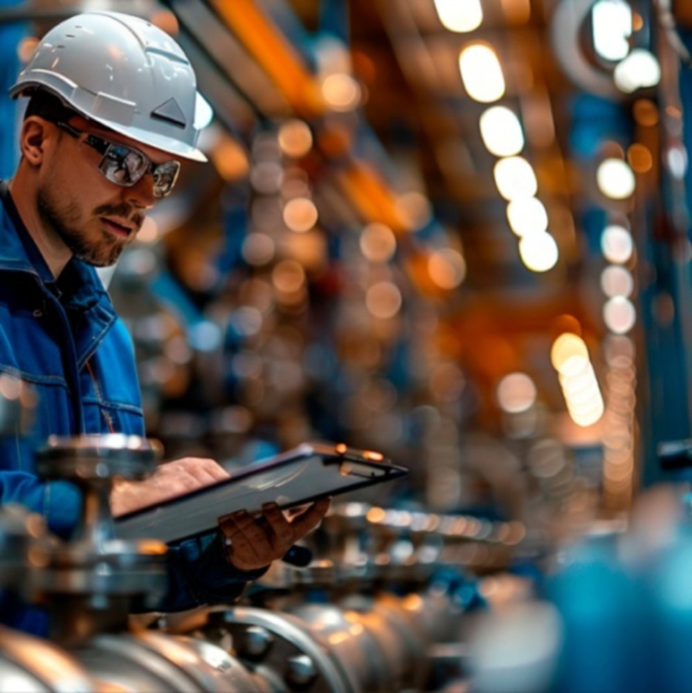 Técnico con casco blanco registrando datos en una tableta junto a una línea de válvulas industriales