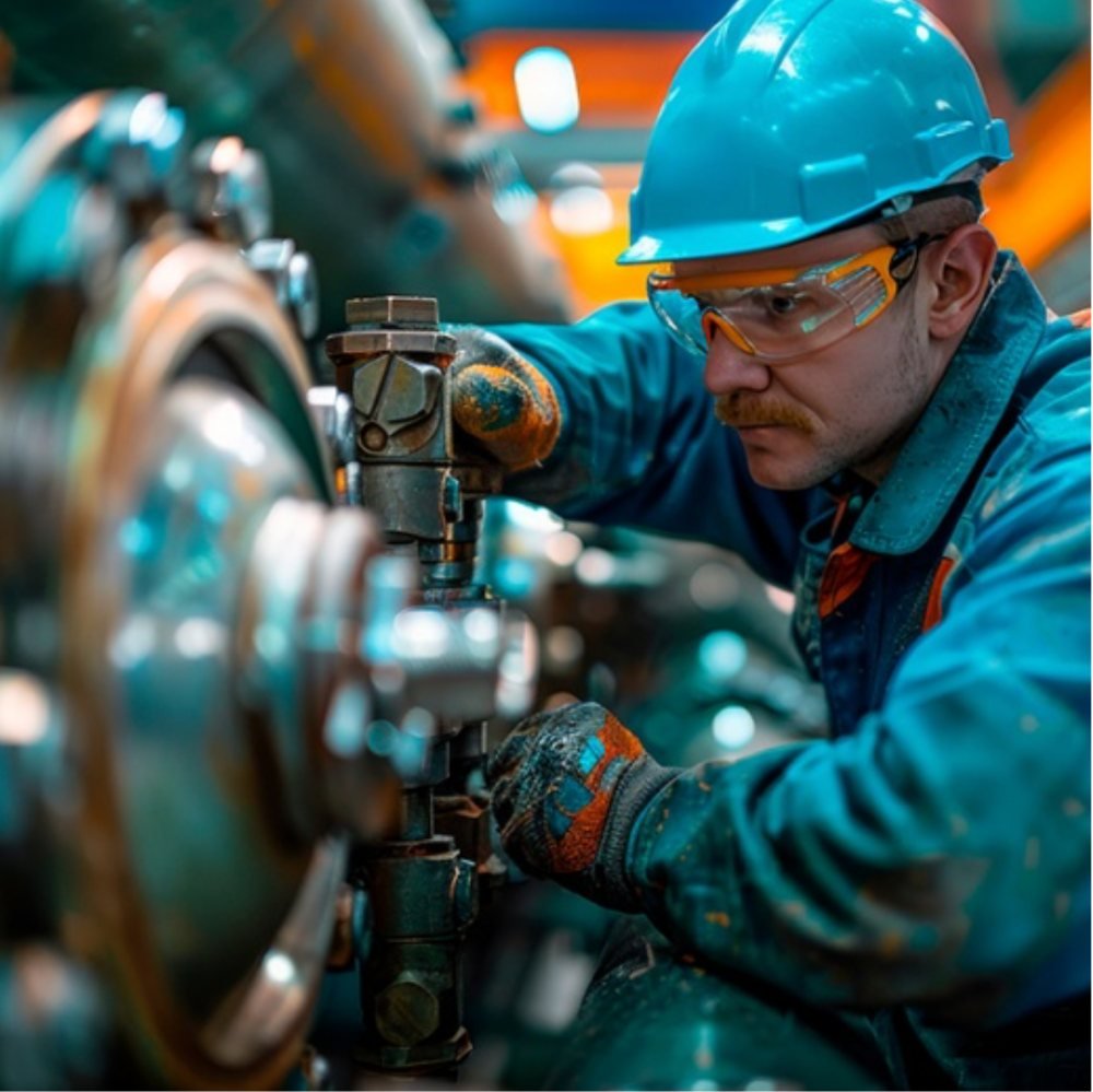 Técnico con casco y gafas de protección ajustando una válvula industrial en planta