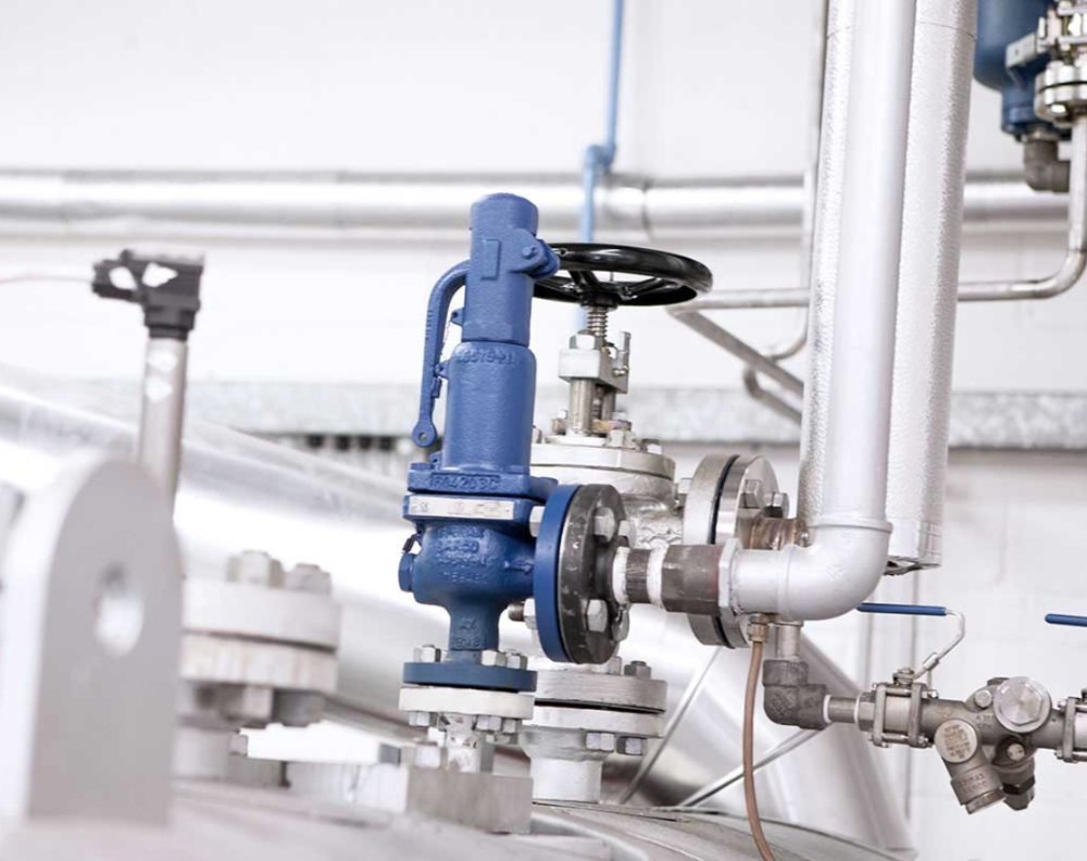 Válvula de seguridad de resorte azul montada sobre una línea de acero inoxidable en sala de proceso