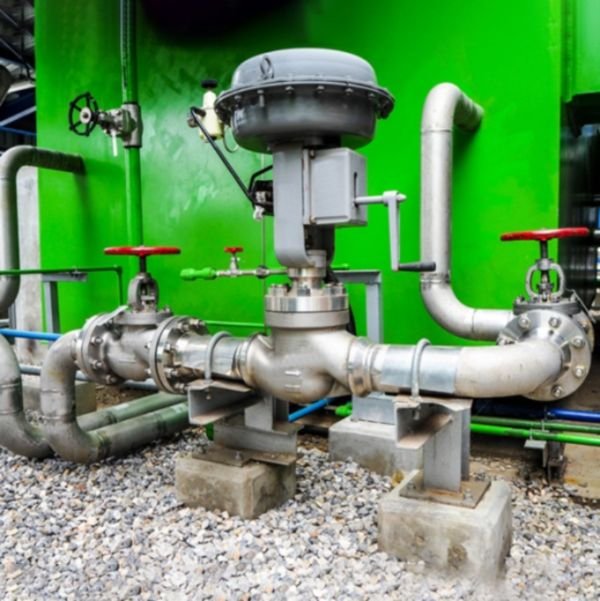 Válvula de control con actuador de membrana sobre línea de acero inoxidable