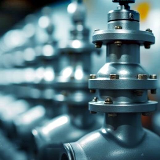 Hilera de válvulas industriales embridadas en una línea de proceso